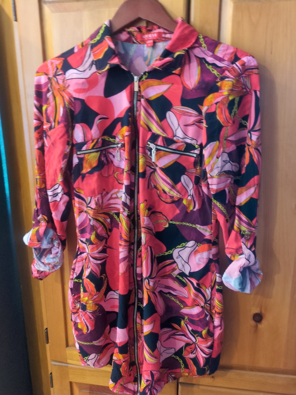 Guess Floral Zip-Front Long Sleeve Dress in Pink & Black